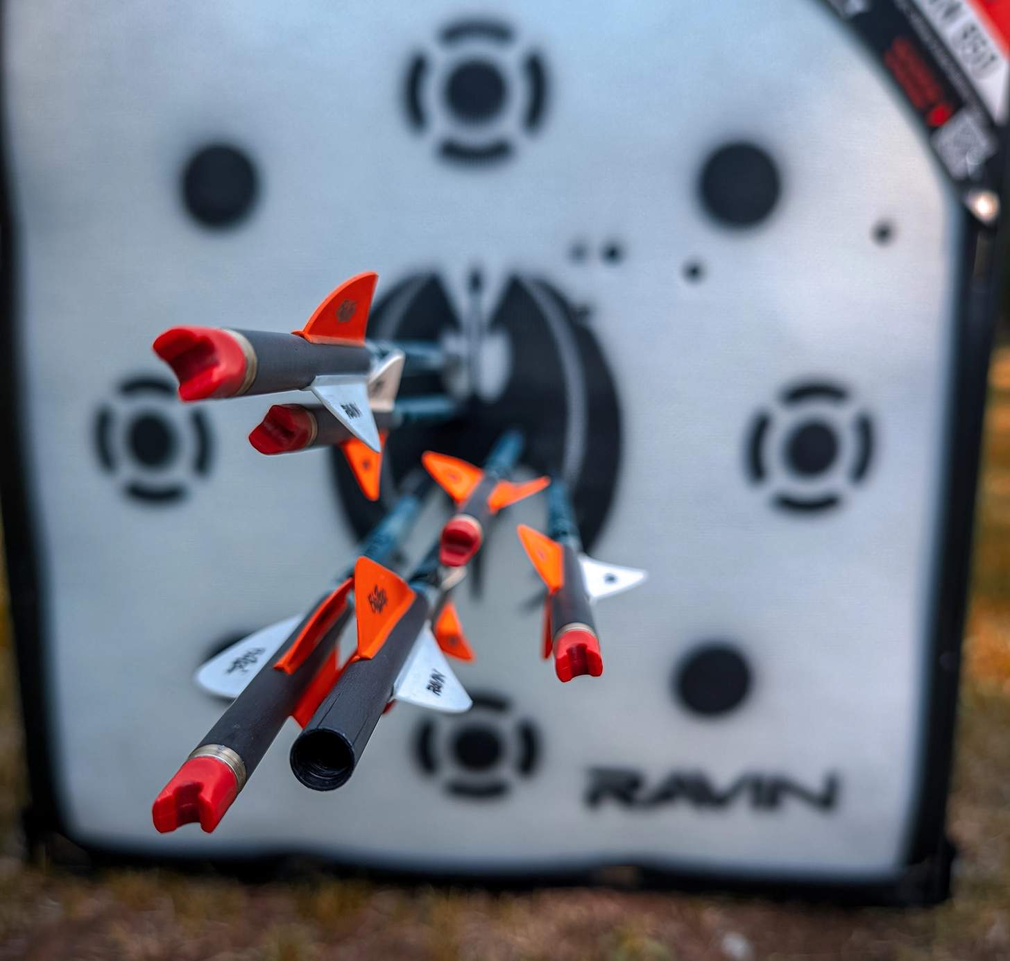 several crossbow bolts stuck in a target close together