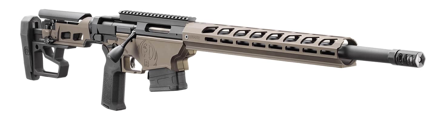 The Ruger Precision Rifle with a tan chassis on white