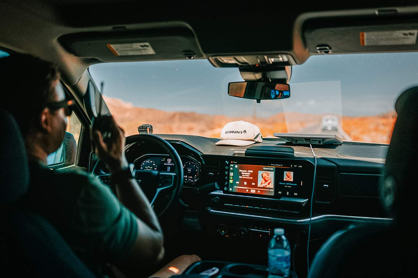 in the truck on the road to baja