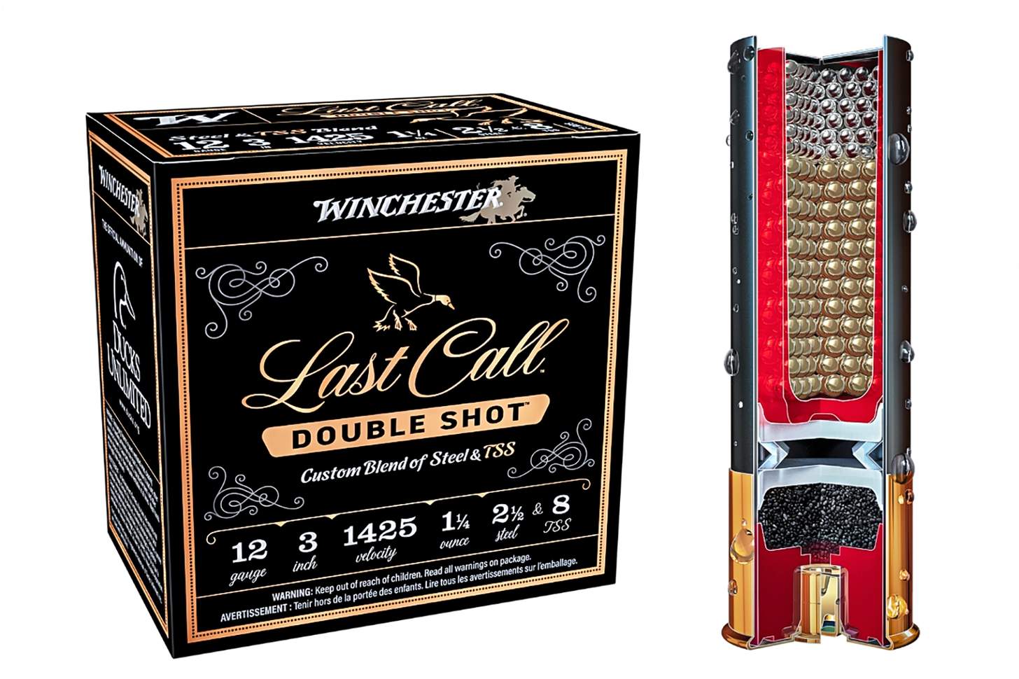 Winchester Last Call Double Shot waterfowl hunting shotshells with shell cross section