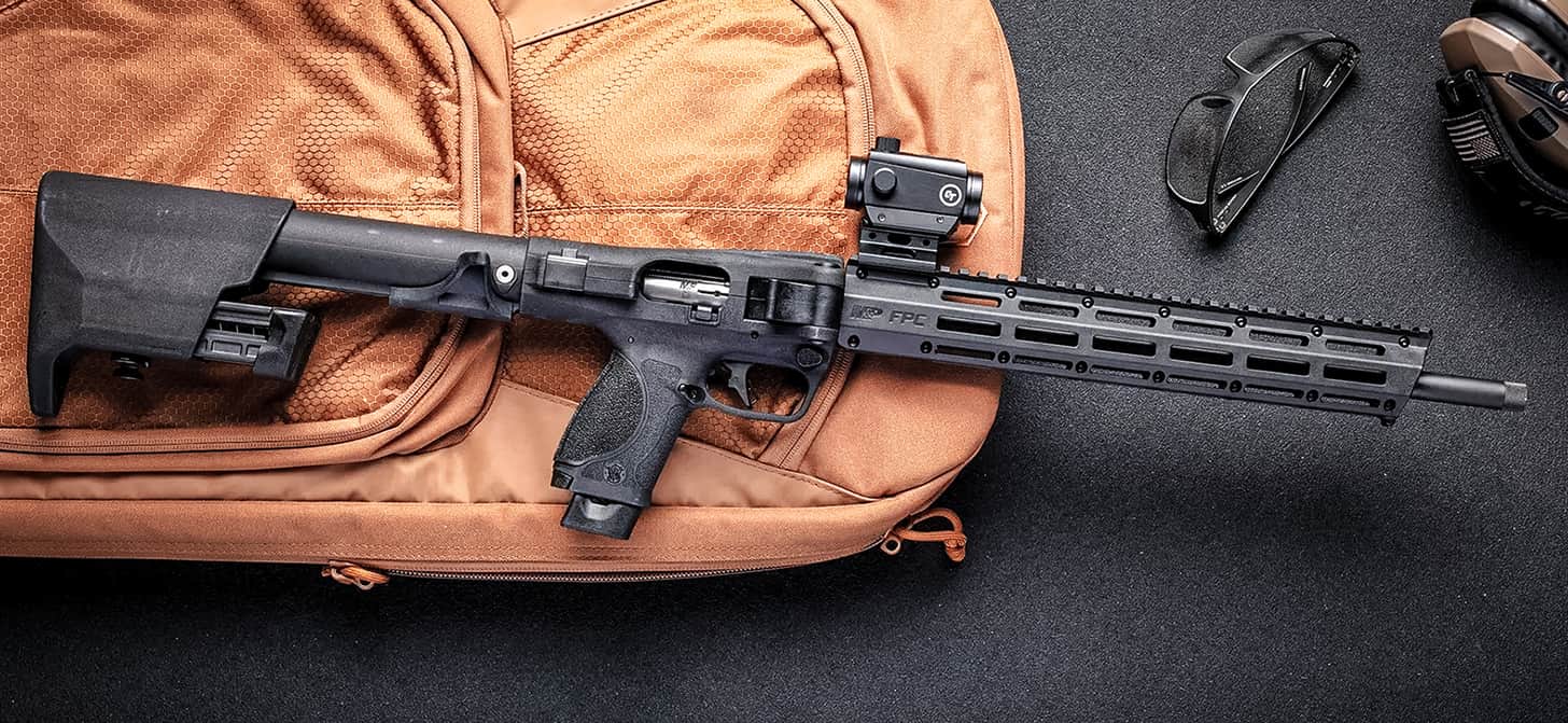 Smith & Wesson M&P FPC 22LR on a backpack