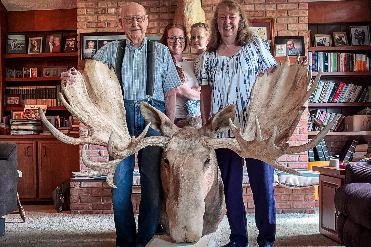 Ed Hall (95y), Rachel Beecroft (35y), Verity Hallam (4y), Sheri Beecroft (69y) at Hall residence, 7-2025