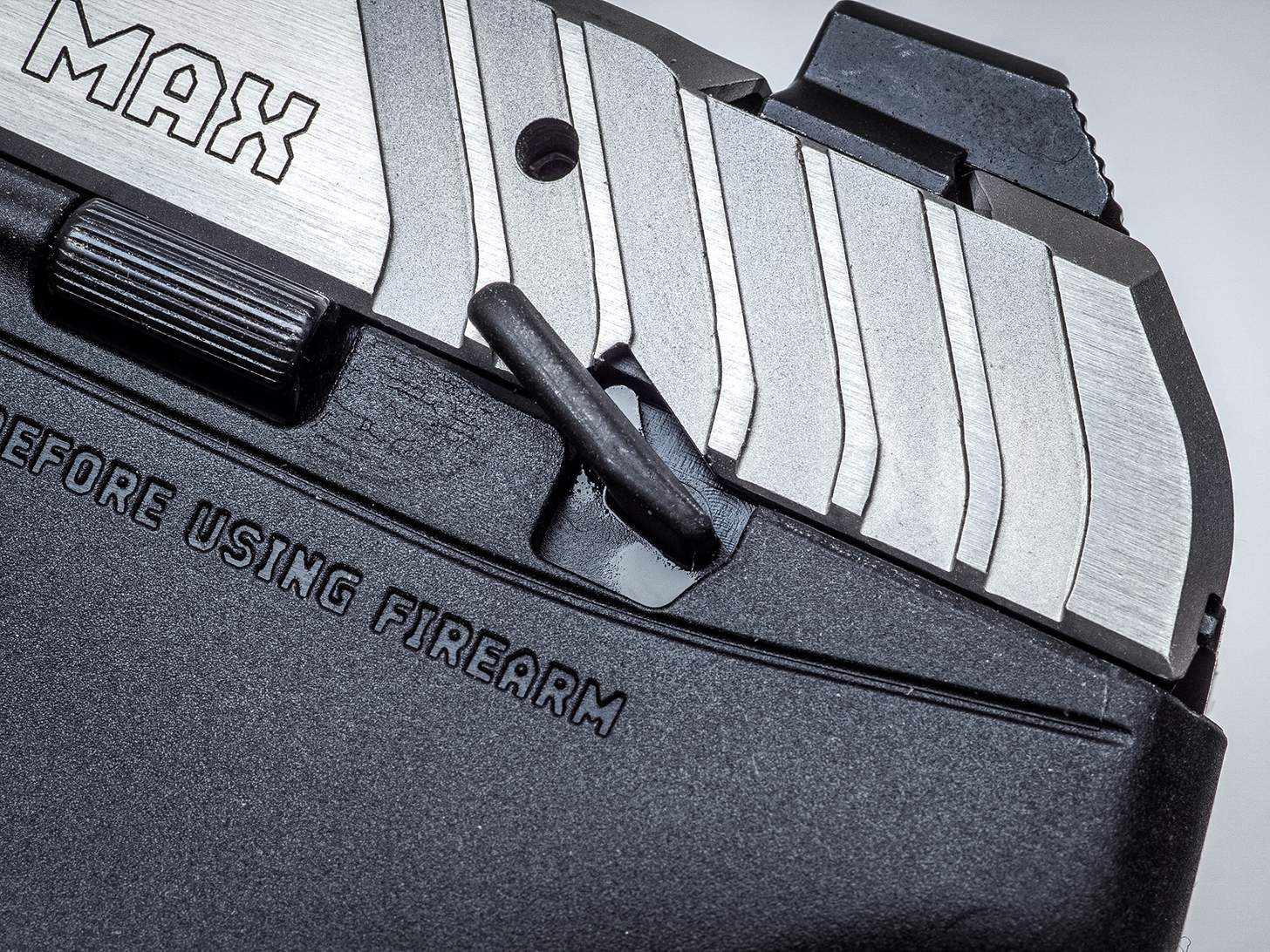 Ruger LCP Max pistol rear slide serrations and manual safety lever