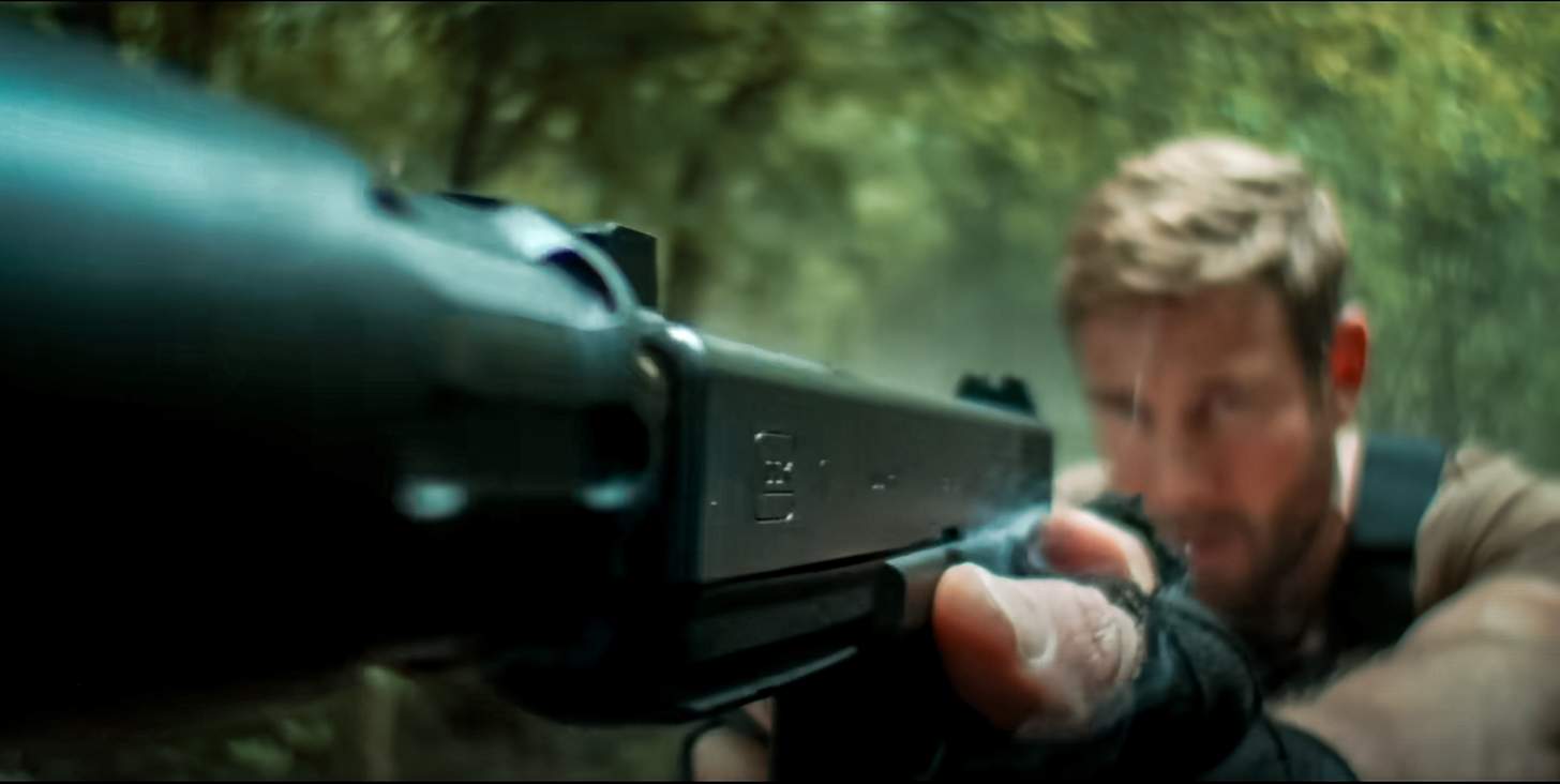 A suppressed Glock 17 being fired by Luke Hemsworth in The Terminal List: Dark Wolf