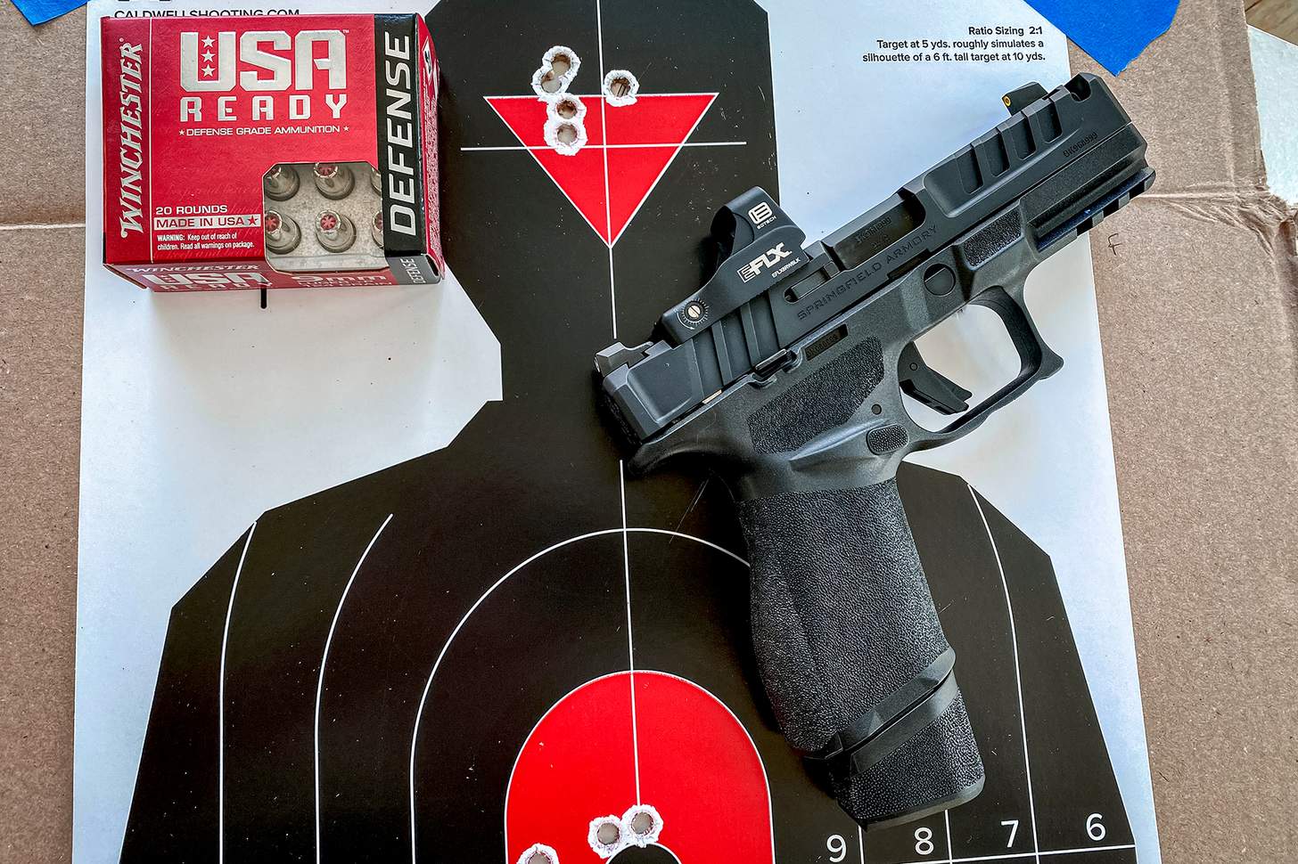 Springfield Echelon 4.0C Comp on target with Winchester Defense ammo