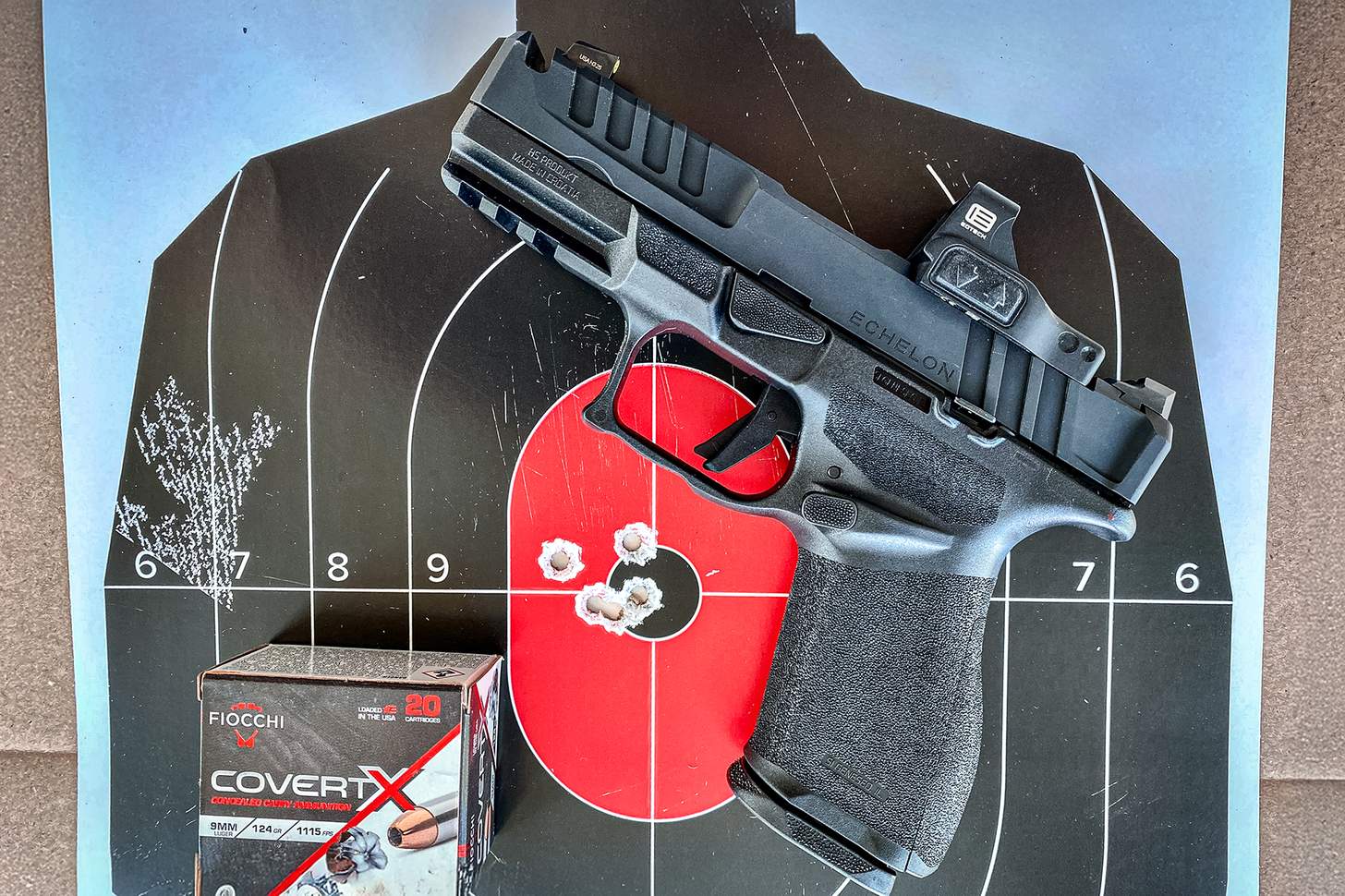 Springfield Echelon 4.0C Comp on a target with Fiocchi Cover X ammo