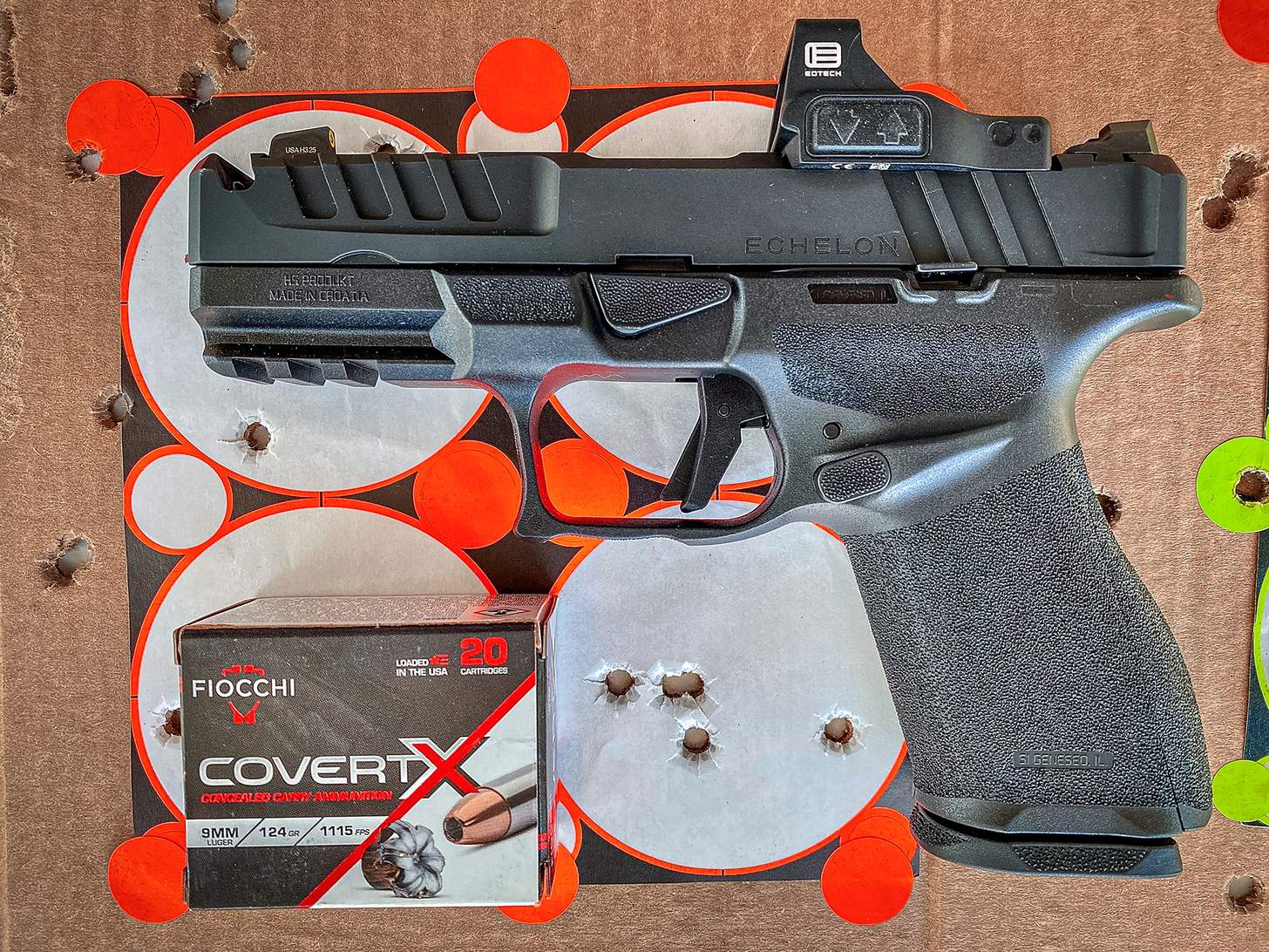 Springfield Echelon 4.0C Comp on a target with Fiocchi Cover X ammo