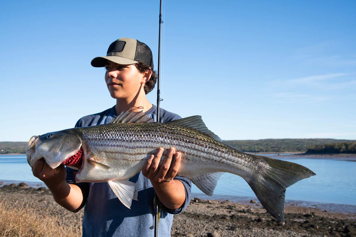 A teen fisherman holding a large Striped Bass in Nova Scotia, Canada