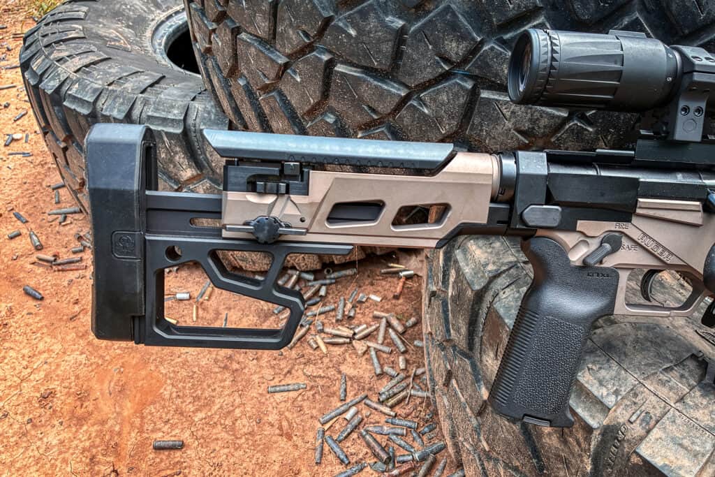 a closeup of the rifle's adjustable stock