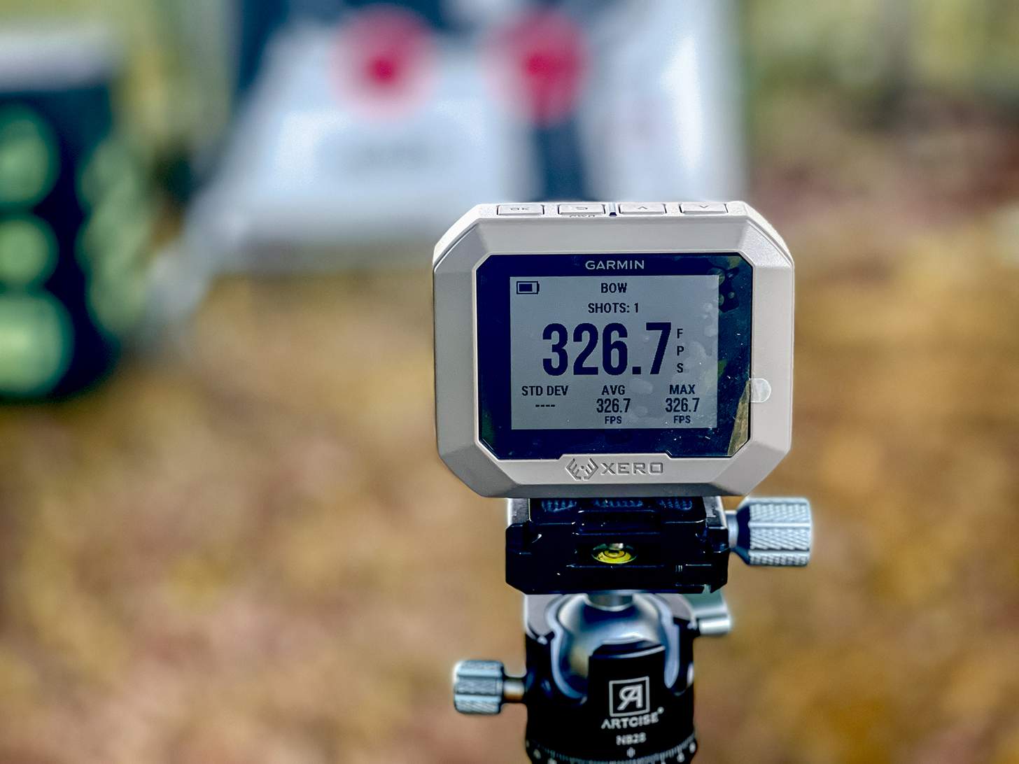 Garmin Xero chronograph recording arrow speed of 326.7 fps