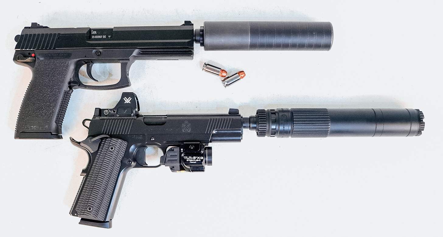 The USP compact with a suppressor and a Springfield Operator and the dead air mojave 45 suppressor