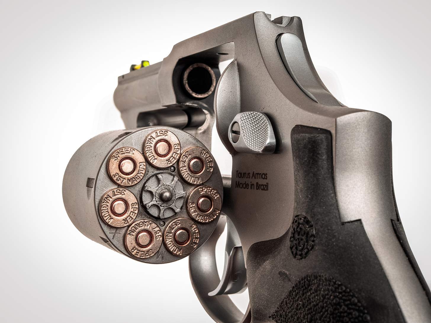 Taurus 66 Combat Revolver cylinder open and .357 Magnum headstamps