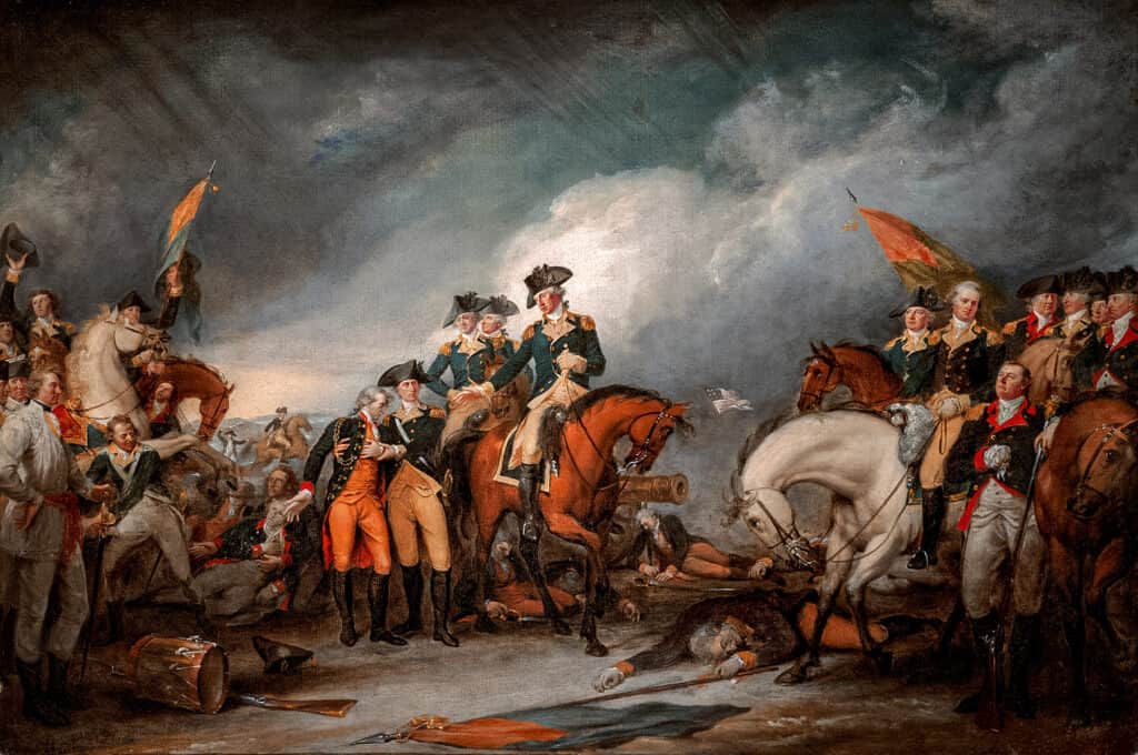 The Capture of the Hessians at Trenton, December 26, 1776, a portrait by John Trumbull depicting General Washington ordering medical assistance for mortally wounded Hessian colonel Johann Rall.