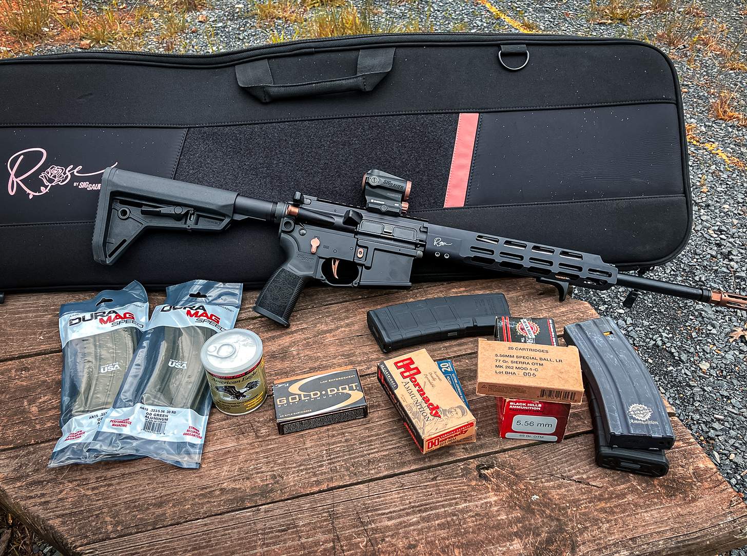 SIG SAUER M400 ROSE at the range with ammo and mags