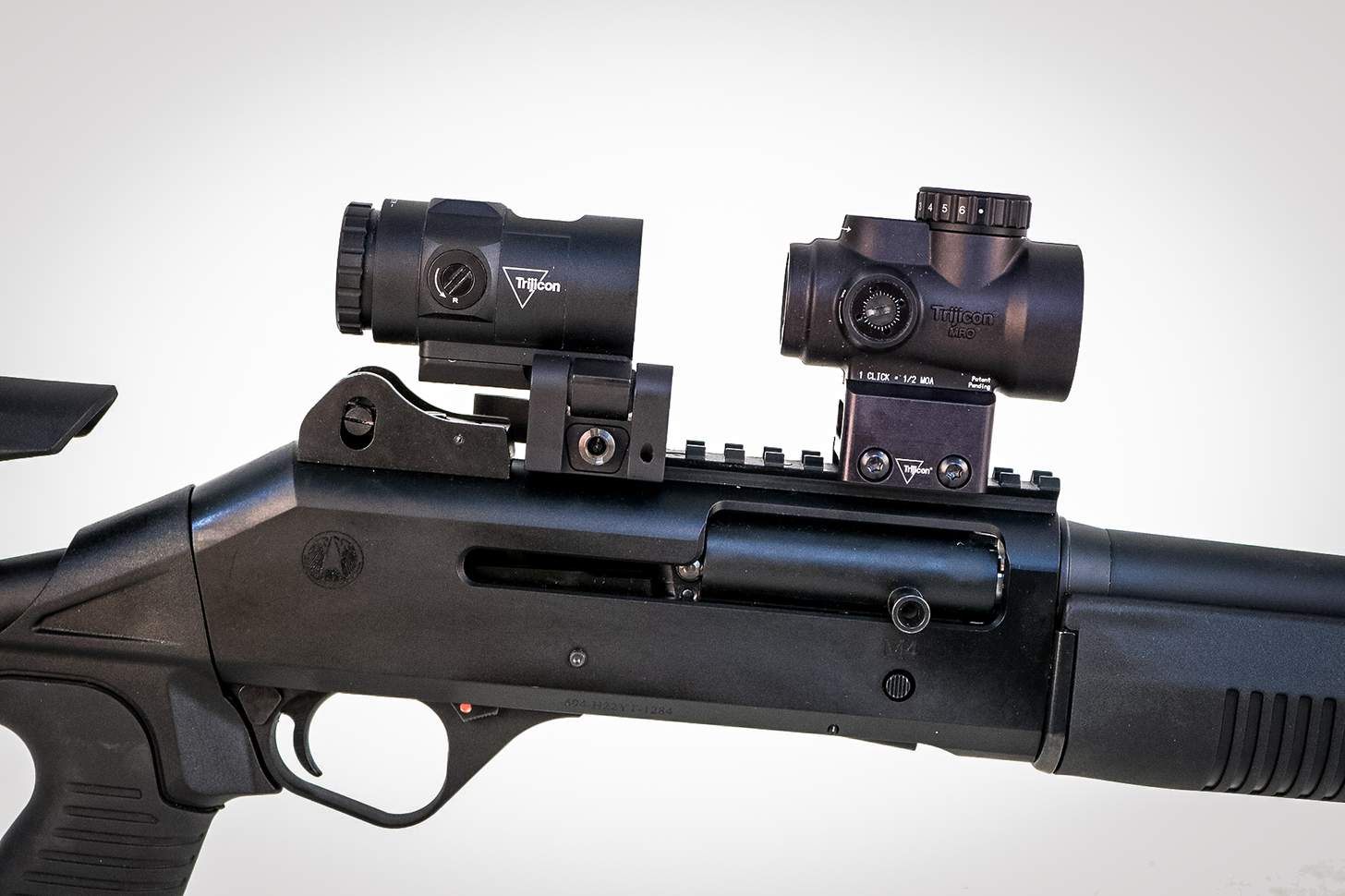 Trijicon MRO SD with magnifier on a tactical shotgun