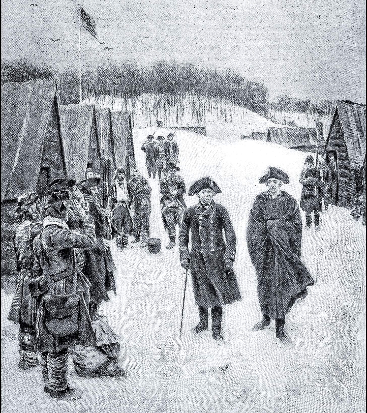 a painting of washingtong walking through camp in the winter
