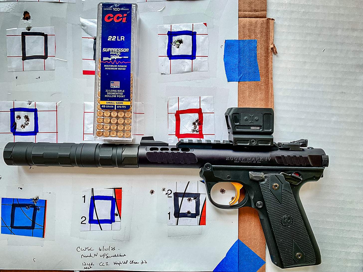 Ruger Mark IV 22/45 Lite with Winchester ammo and Viridian RFX 45 reflex sight and SilencerCo Switchback suppressor