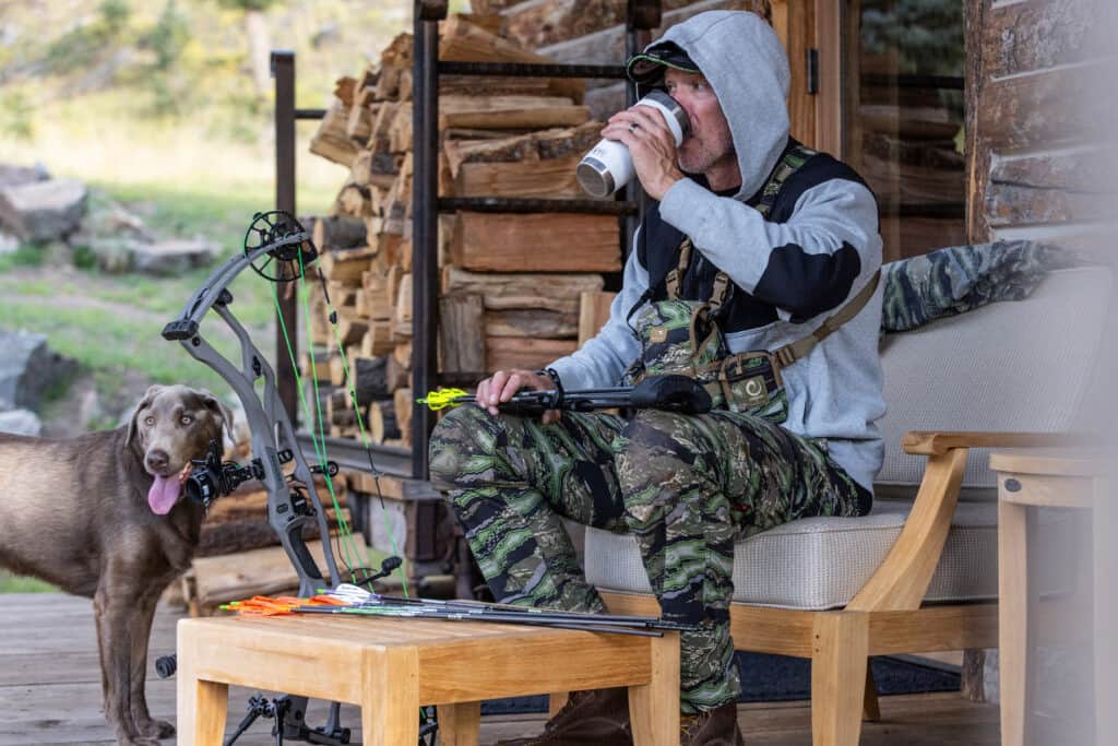 John Dudley takes a break from archery training