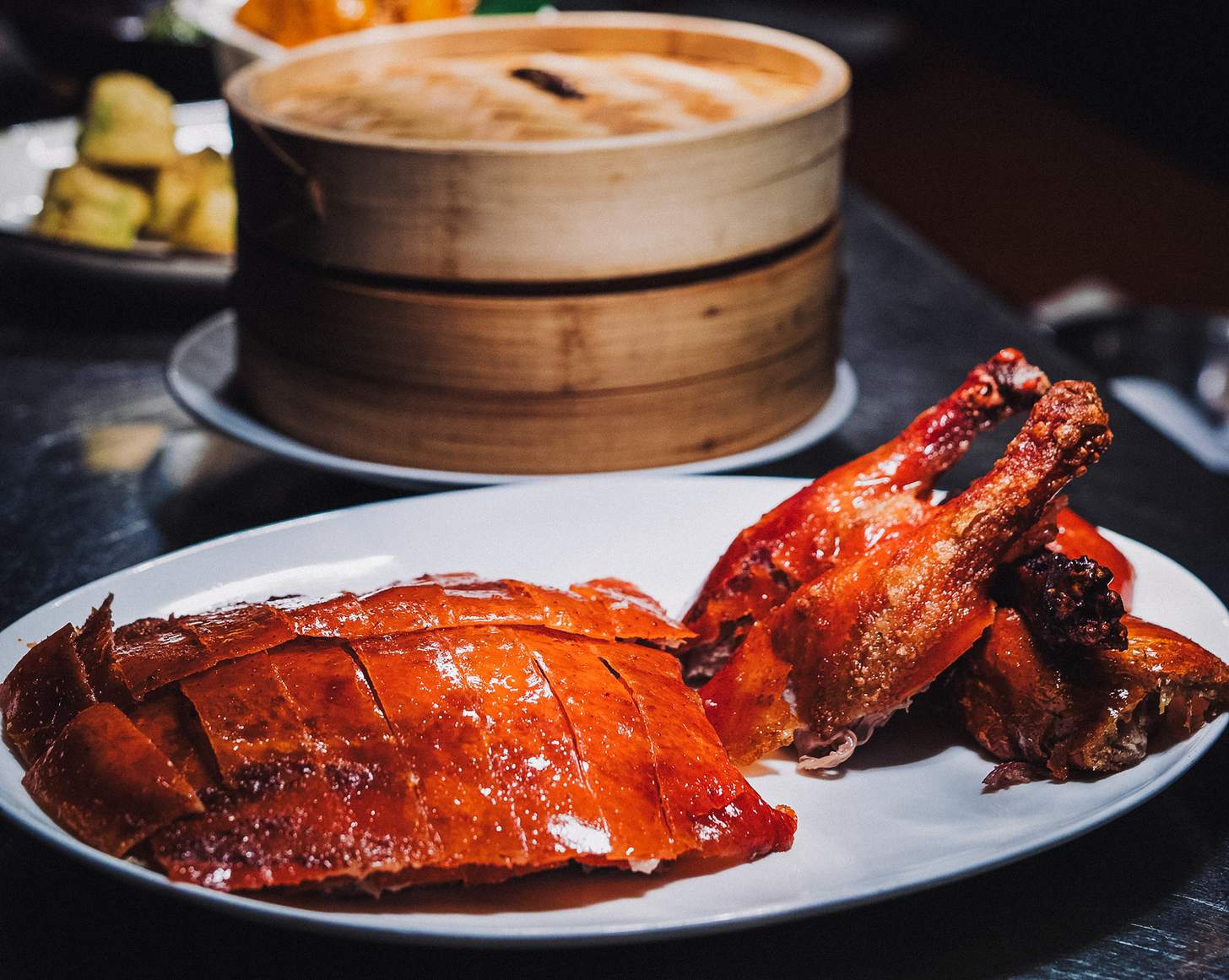 Peking duck carved on a plate