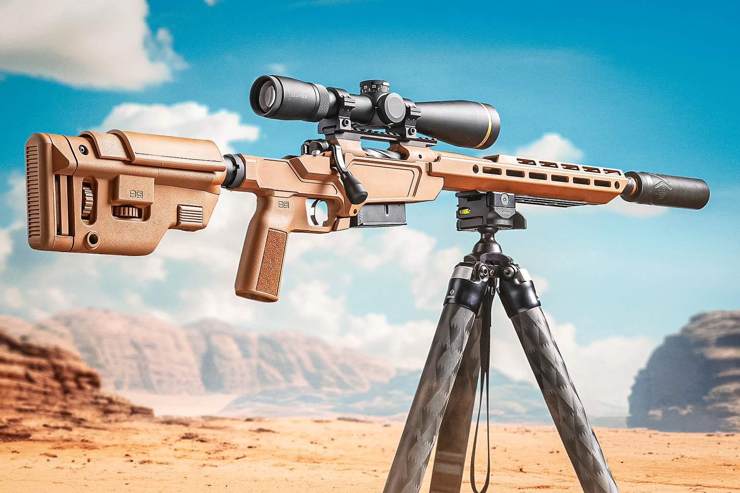 rifle on a tripod with a leupold scope