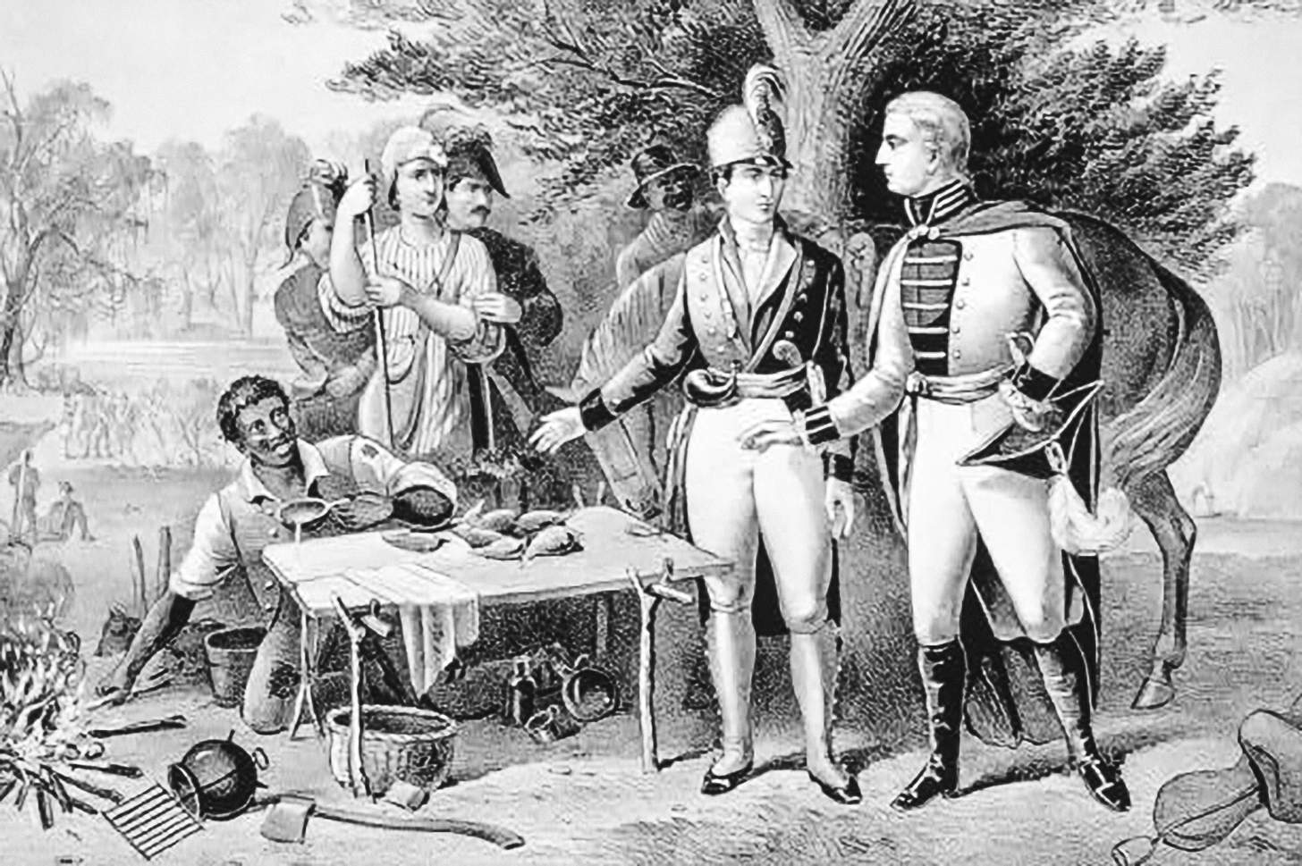 A 19th century print that shows General Francis Marion offering to share his meal of sweet potatoes and water with a British officer. Image: Library of Congress