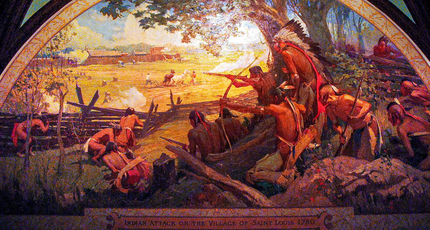 Indian Attack on the Village of Saint Louis 1780 by Oscar E. Berninghaus, 1925, Missouri State Capitol