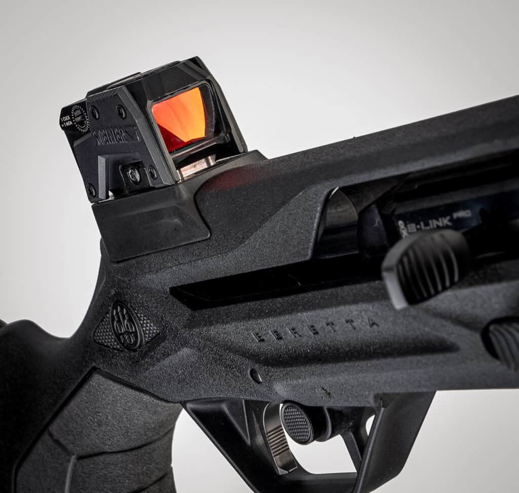 The Beretta AX800 with a red dot mounted to the receiver.