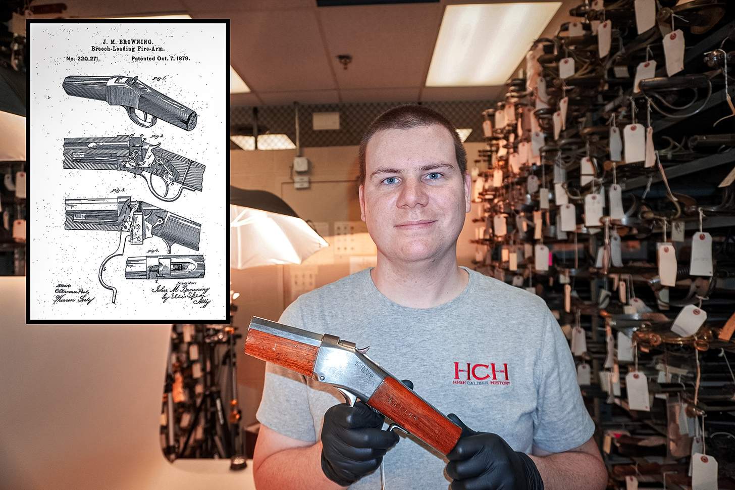 The author holds Browning’s original first patent model for what became the Winchester Model 1885 and launched his career.