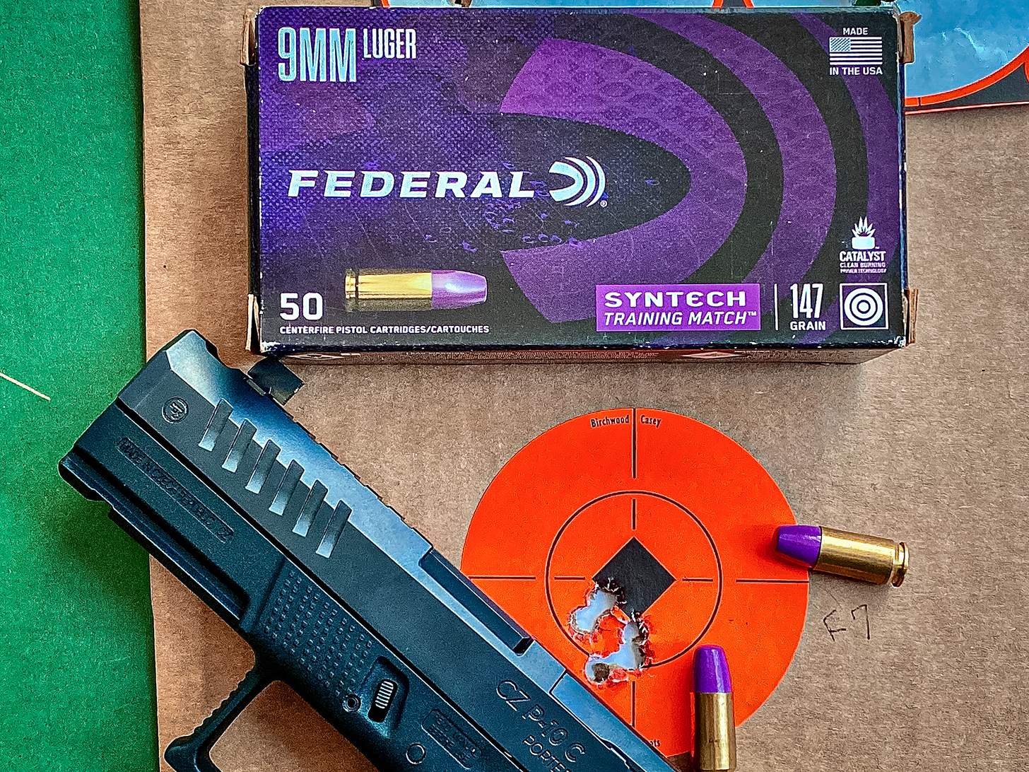 CZ-USA P-10 C Ported handgun with Federal syntech 9mm training ammo