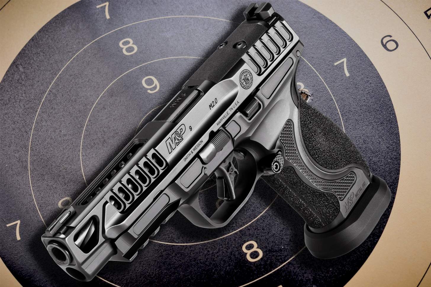 M&P 9 M2.0 Metal HD Competitor on Target Background