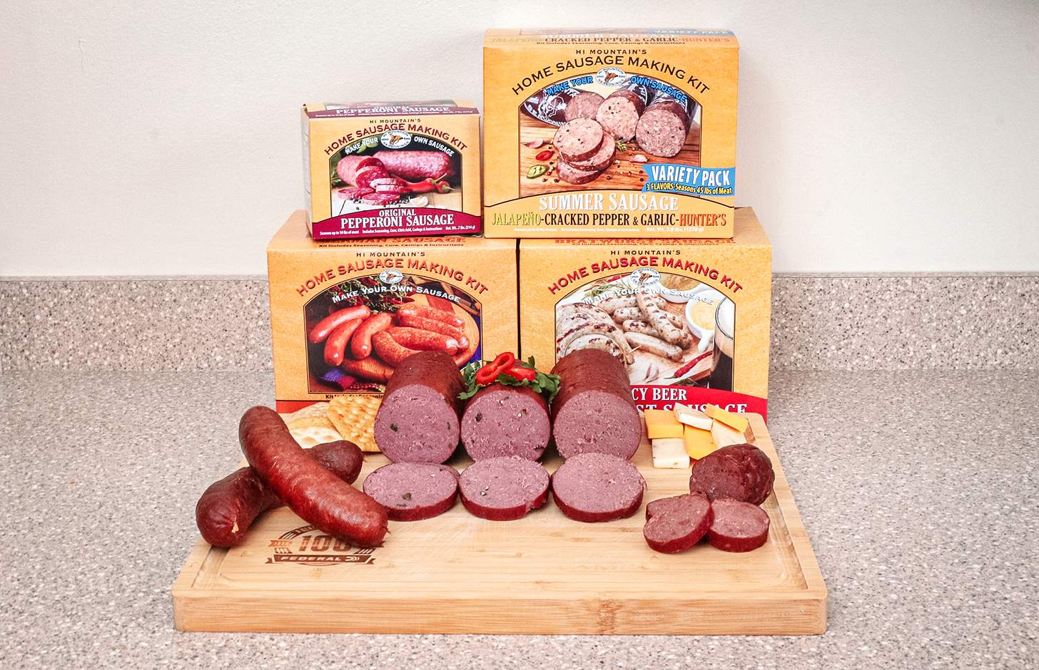 various types of sliced sausage with hi mountain kits