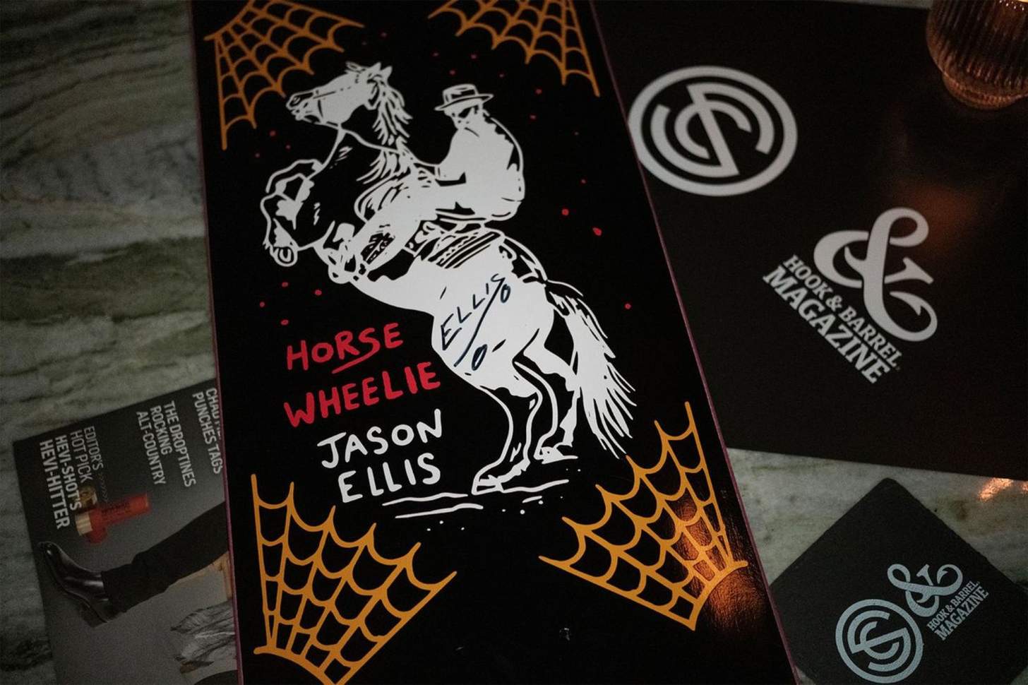 A custom skateboard at a VIP Party.