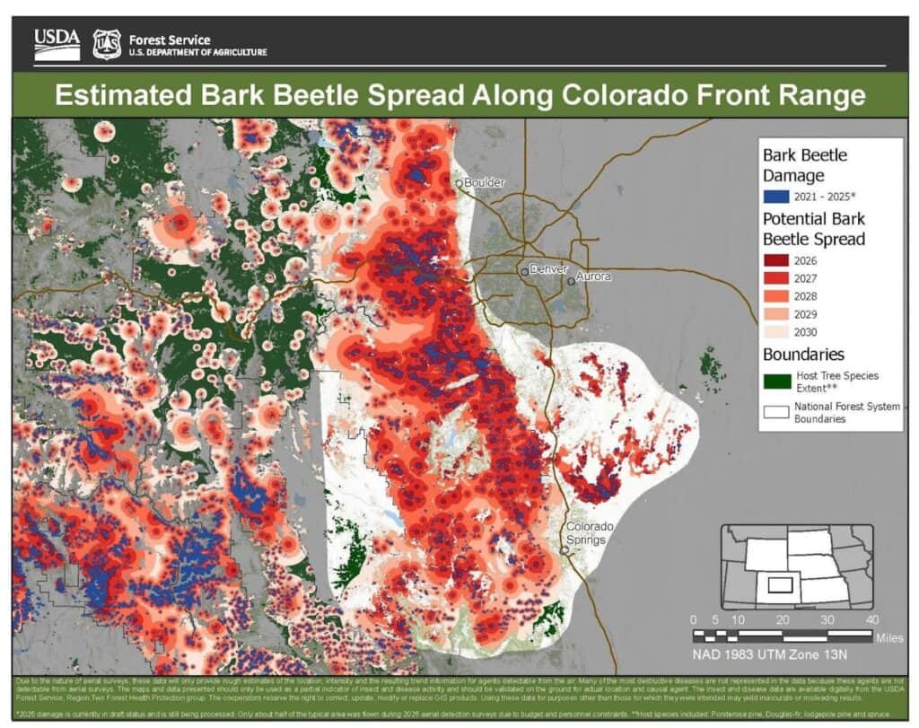 A USDA map of estimated bark beetle spread along the Colorado Front Range.
