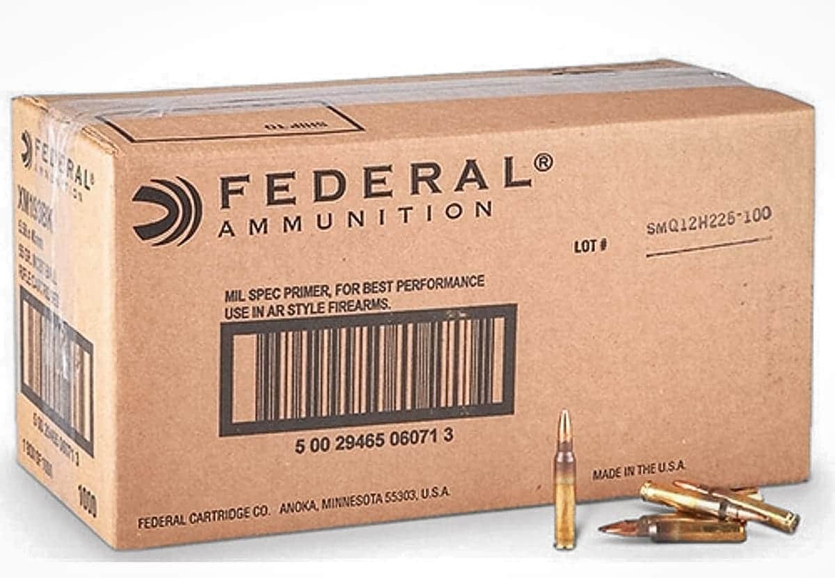 A box of Federal Ammunition 5.56 x45mm ammunition.