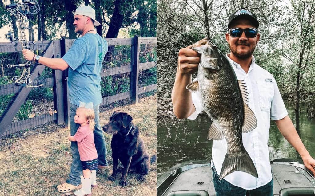 Drew Parker practicing archery, bass fishing