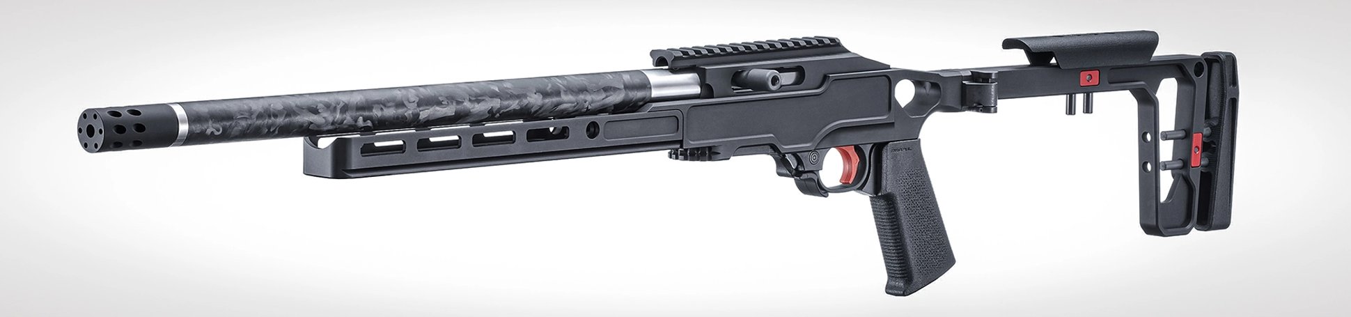 The Ruger 10/22 Carbon Rifle with a Black Anodized Grey Birch Chassis stock