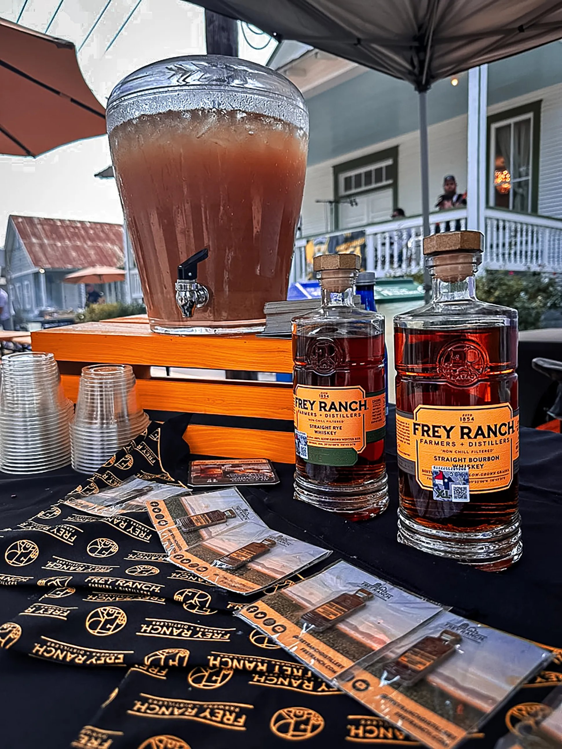 Frey Ranch whiskey bottles and drink decanter