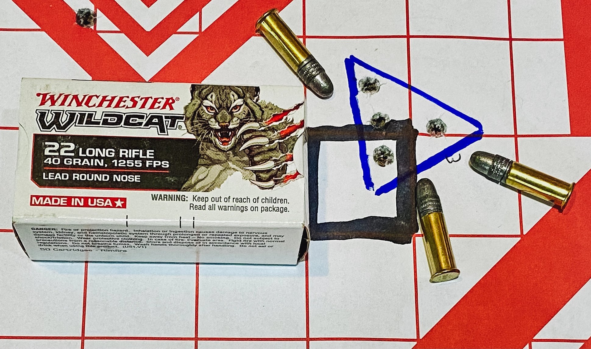 a box of Winchester Wildcat .22 LR ammunition with loose cartridges and a circled grouping on a target
