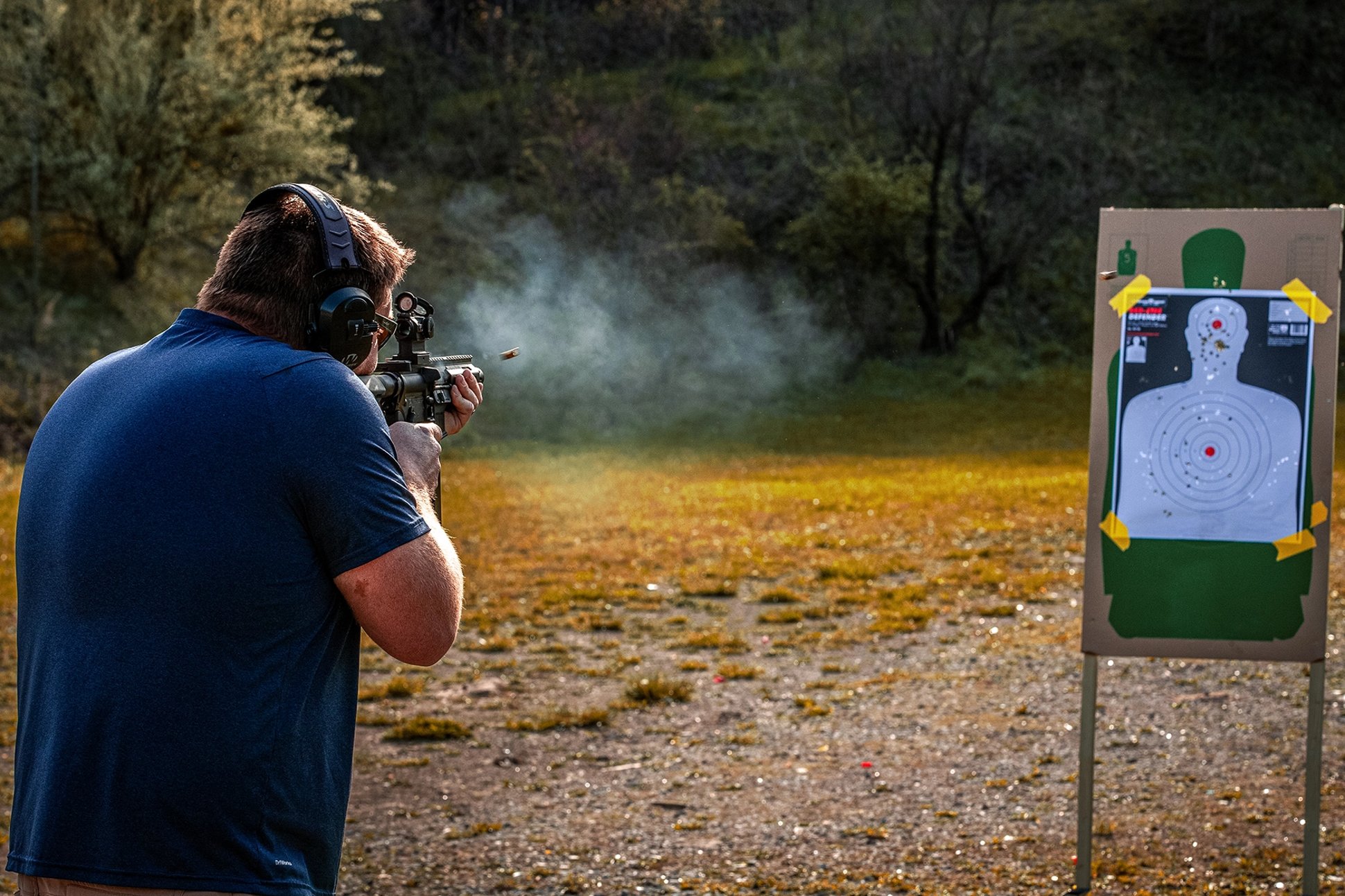 the Springfield Armory 9mm Saint Victor pistol being shot outdoors at close range to a target