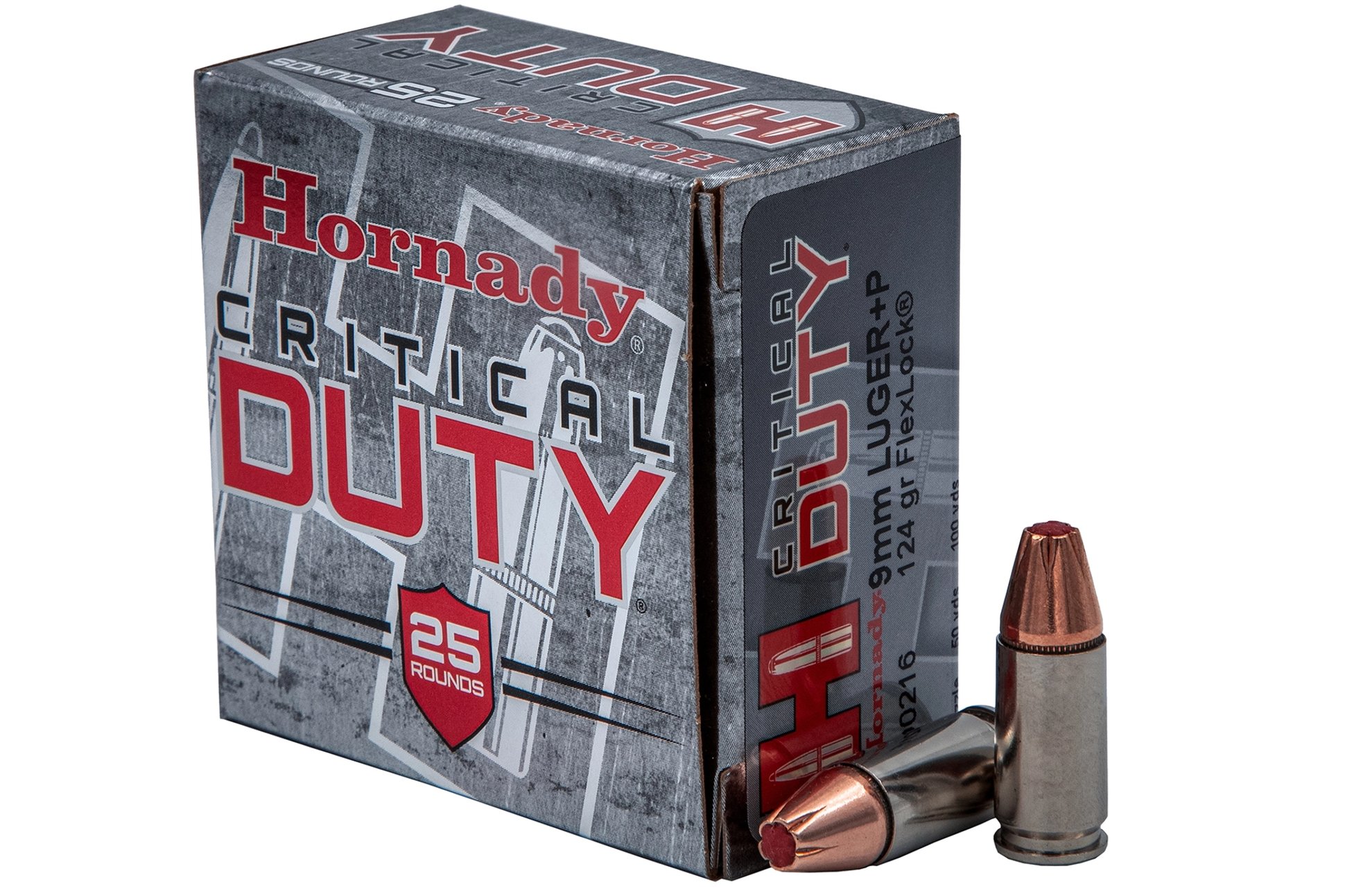 a box of Hornady Critical Duty 9mm ammunition with two cartridges beside it