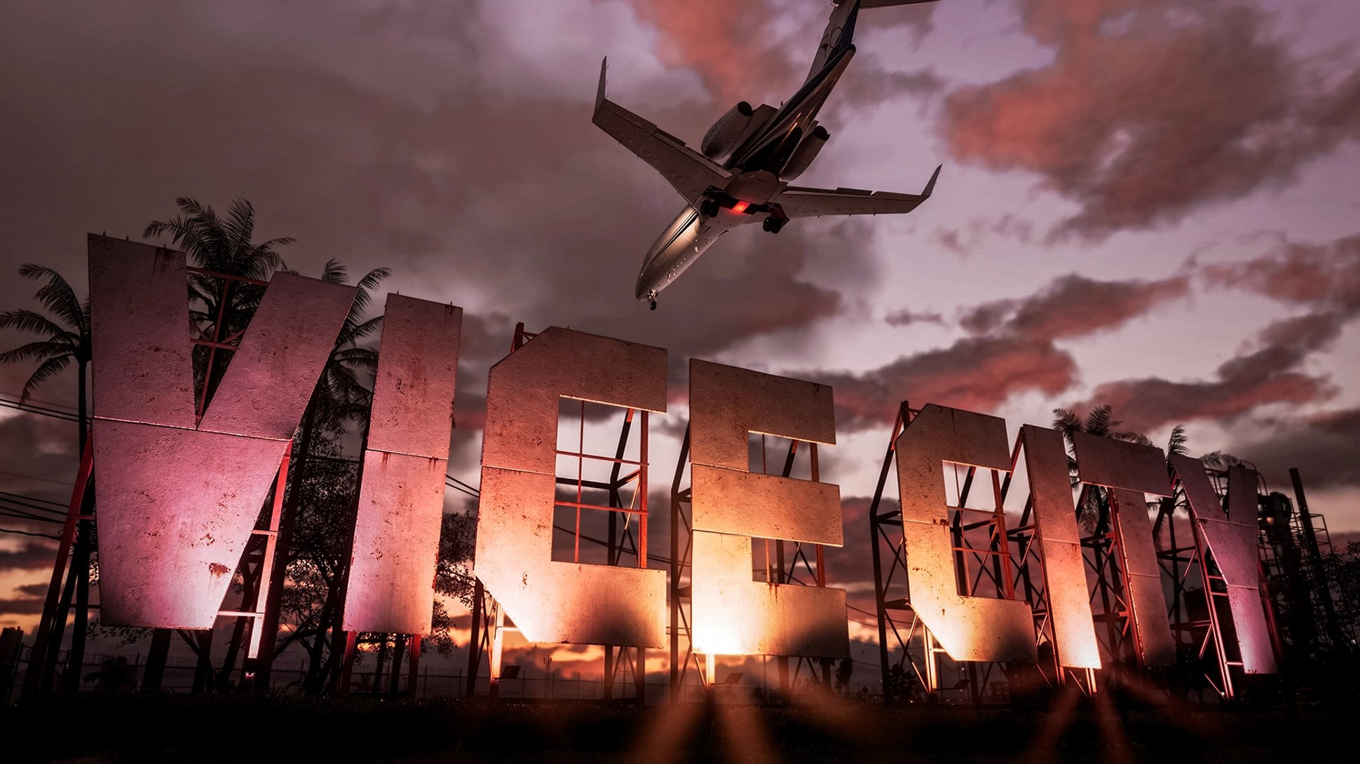 a jet flying over a Vice City sign in GTA 6