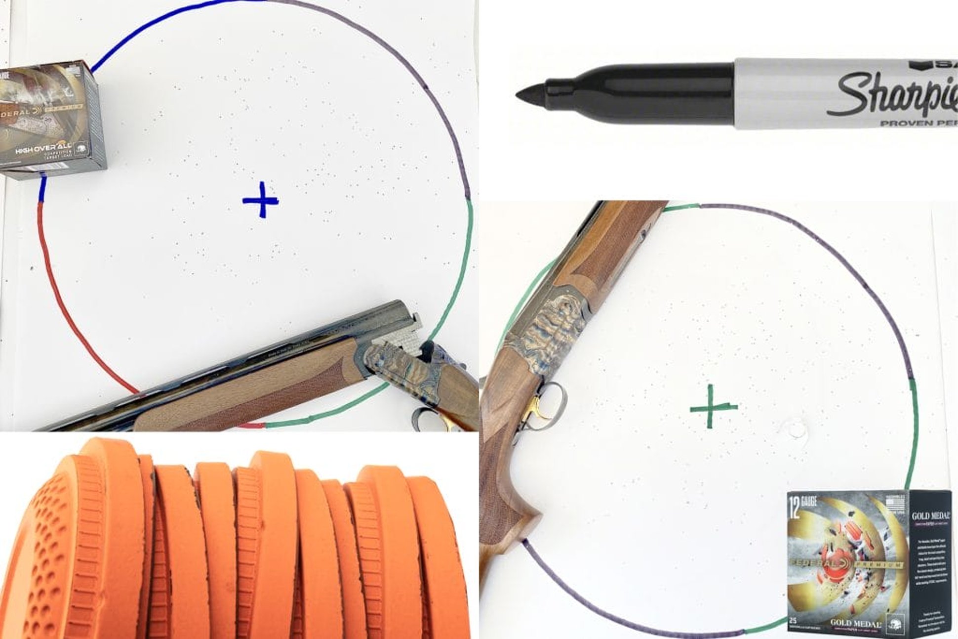 Above left: Even with the shot pulled slightly high, HOA did the job at 30 yards aiming at a 20-inch circle. Above right: With a little help from the wad (middle, right), Federal’s Gold Medal Paper filled this 20-inch circle nicely at 30 yards.