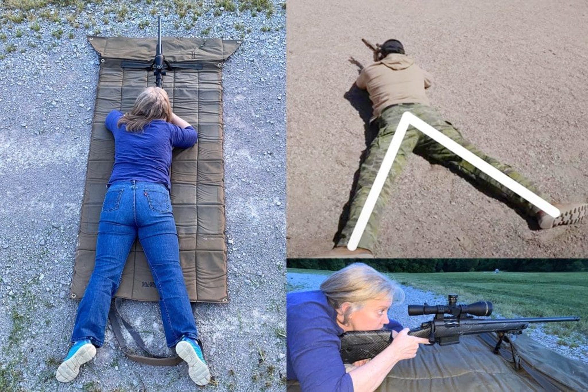 Leg position varies while shooting prone with the “V” shape as the predominant. The dominant leg in line with the line of the bore will absorb the most recoil straight to the rear.