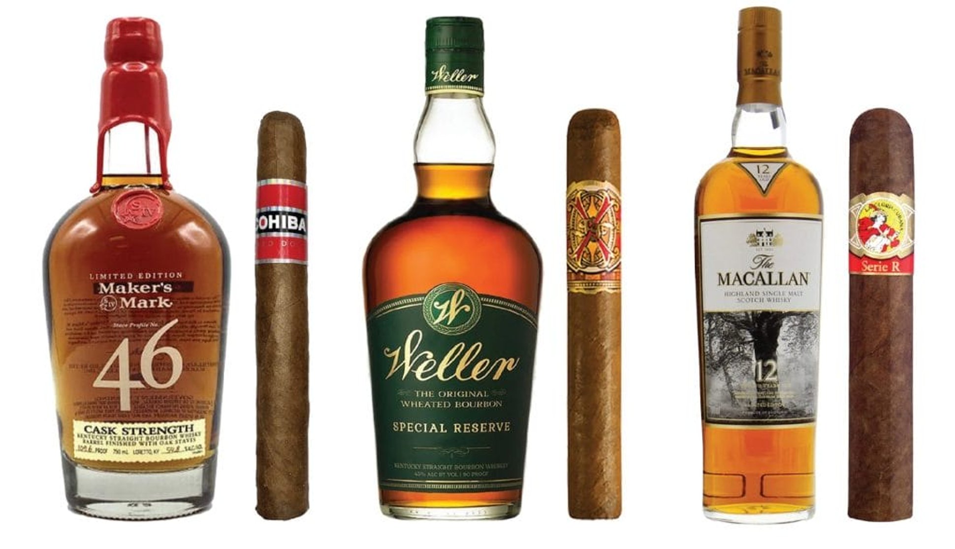 Maker's Mark 46 & Cohiba Red Dot , Weller Special Reserve & Arturo Fuente Opus X , Macallan 12 Year Scotch Whiskey & La Gloria Cubana Serie R