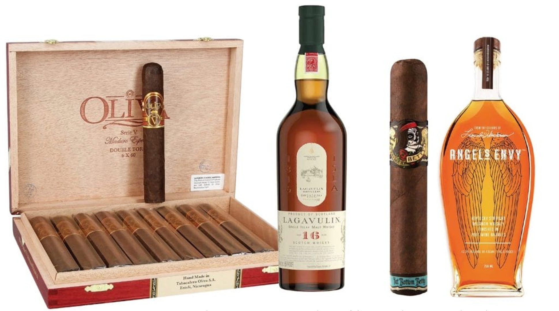 Lagavulin 16 Year Old Single Malt Scotch Whiskey & Oliva Serie V Melanio Toro ; Angel’s Envy Kentucky Straight Bourbon Whiskey & Deadwood Fat Bottom Betty