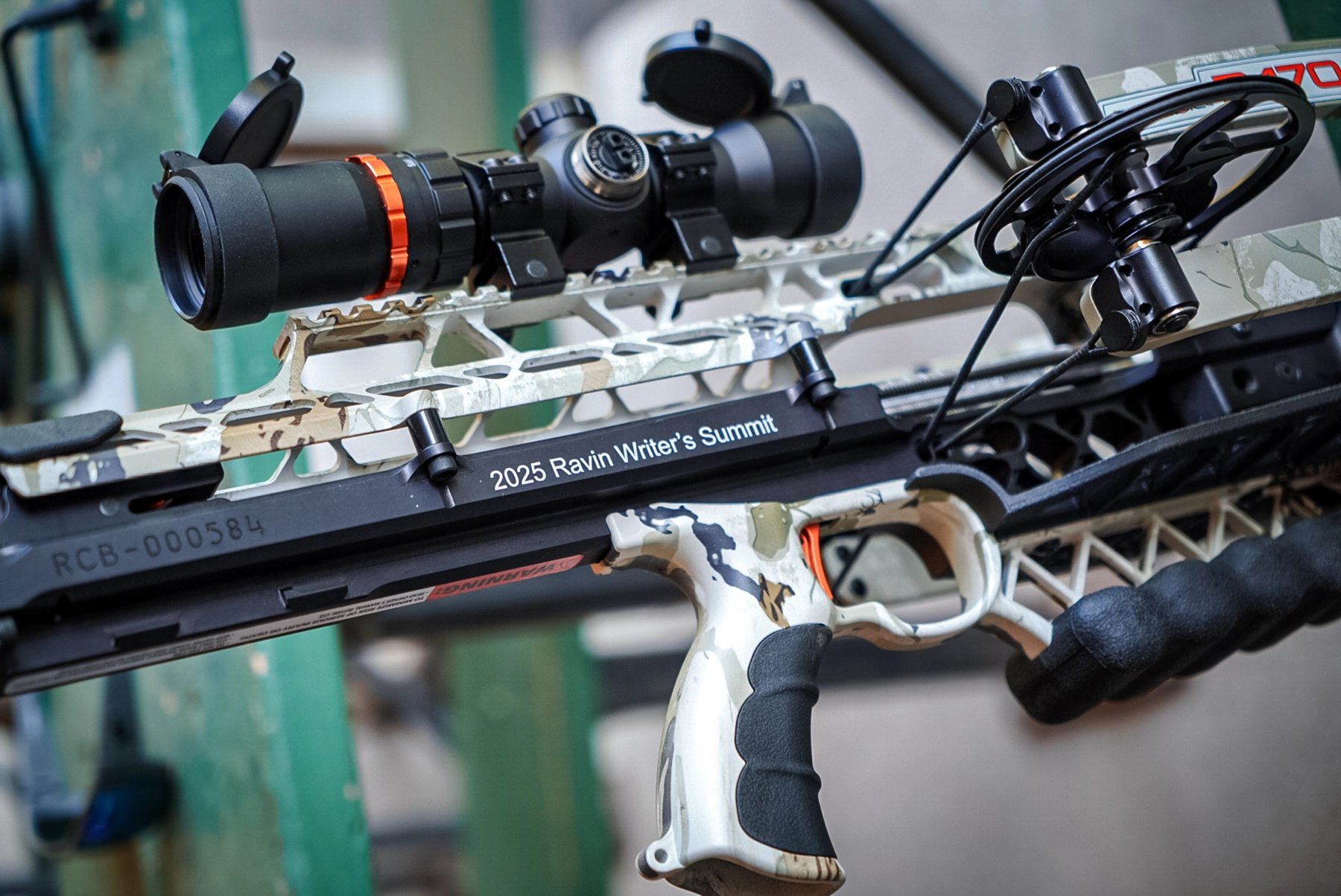 a close-up of a special edition Ravin R470 crossbow