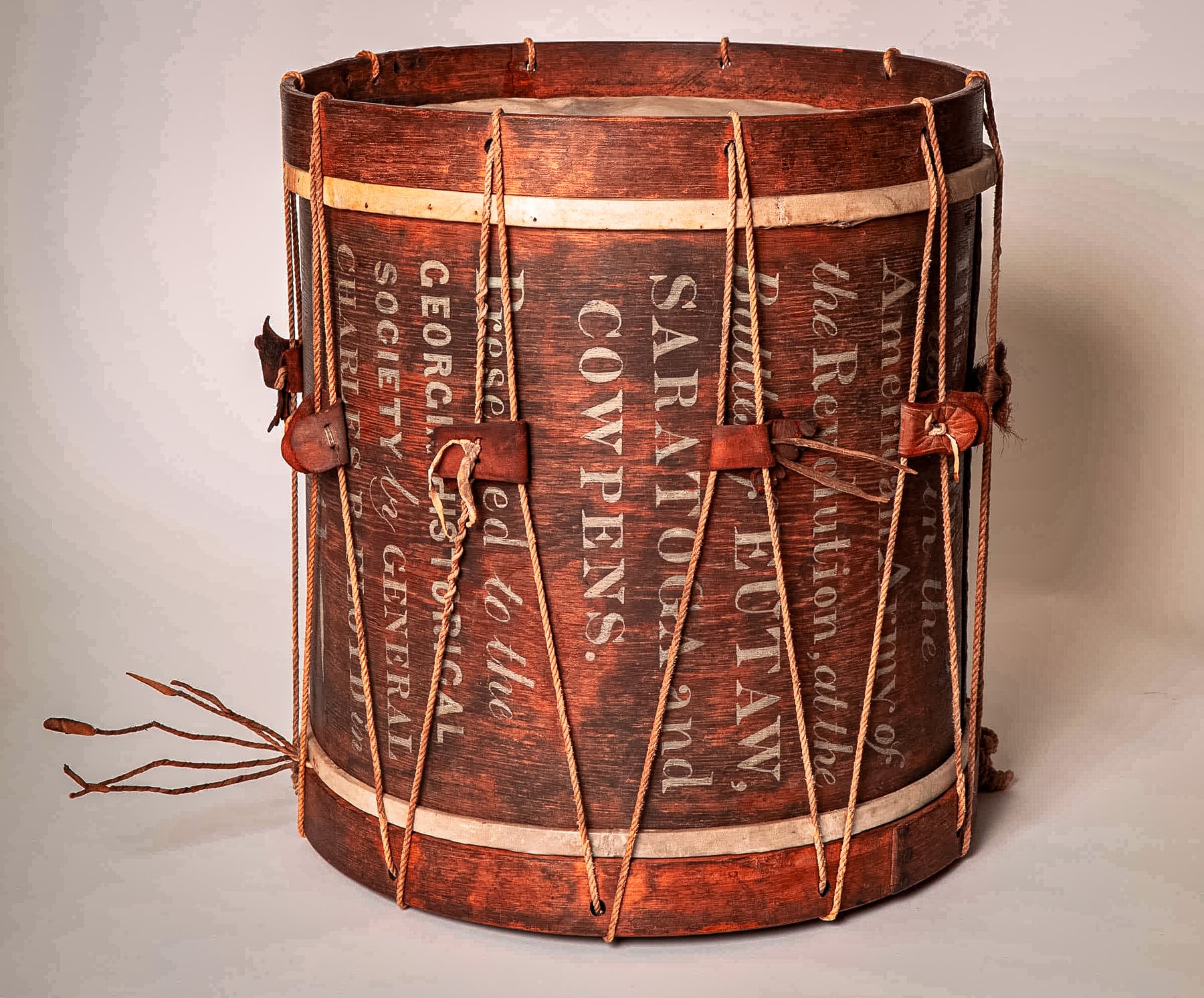 A period drum used at the Battles of Eutaw, Saratoga and Cowpens during the American Revolution musicians. It is in the collection of the Georgia Historical Society.