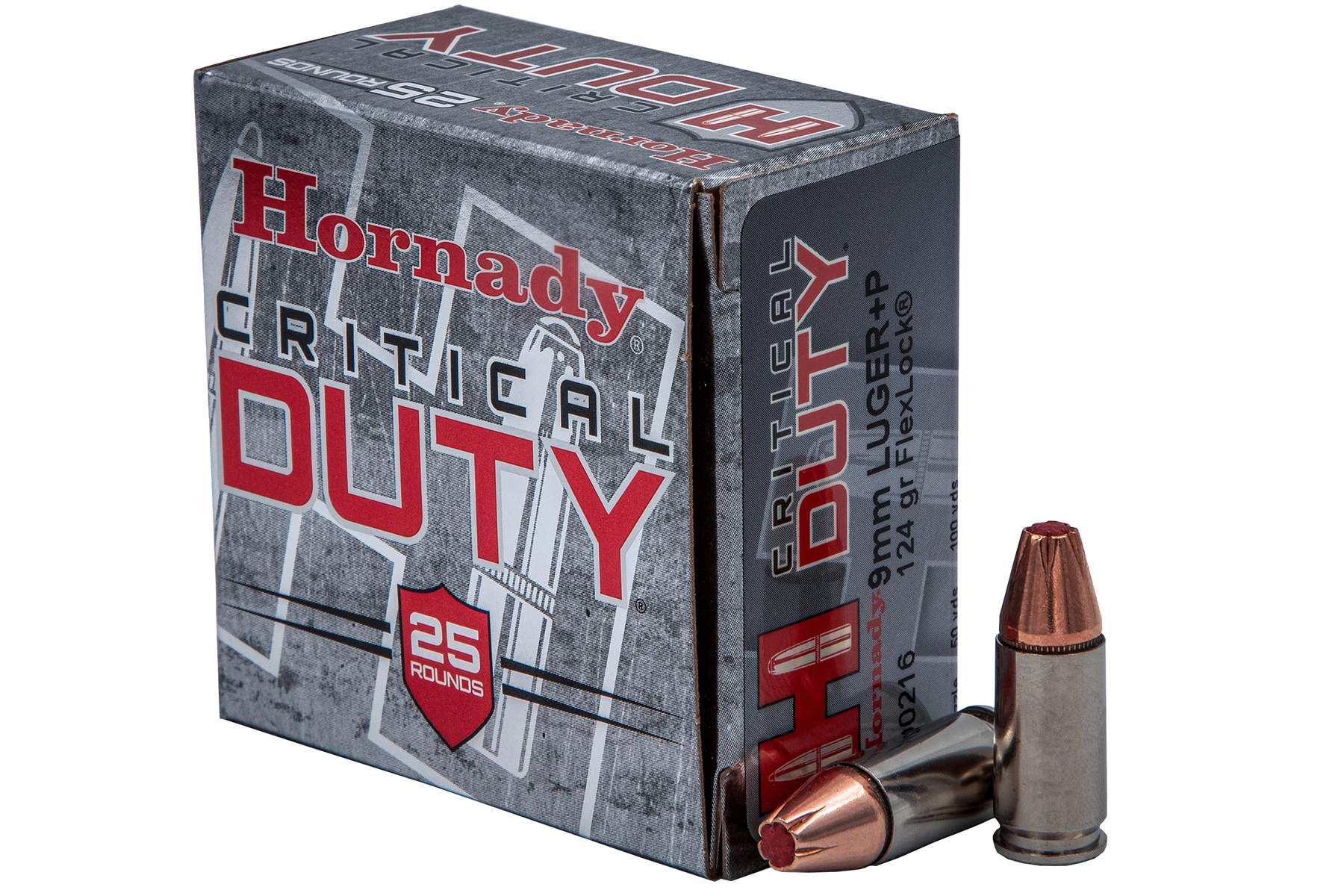 a box of Hornady Critical Duty 9mm ammunition with two cartridges beside it