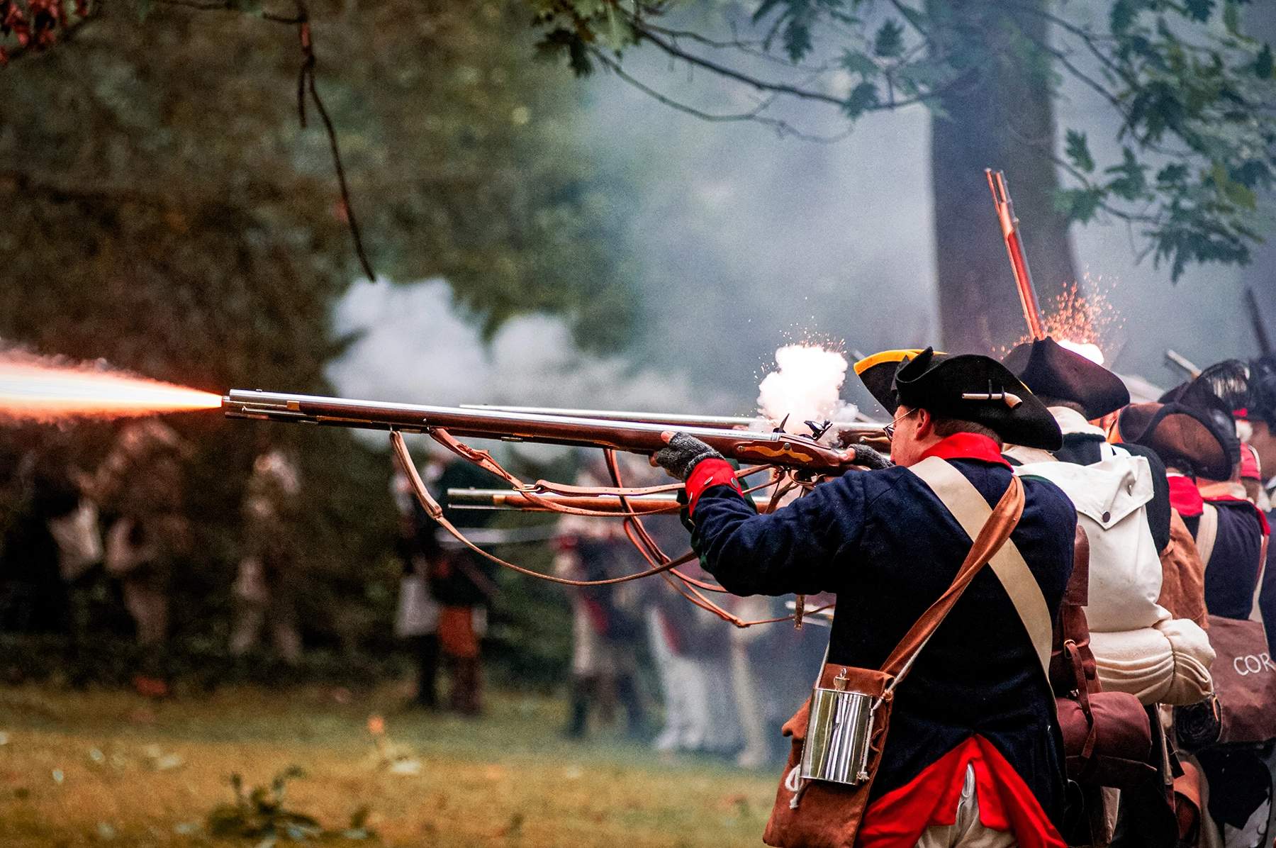 revolutionary war reenactors firing muskets