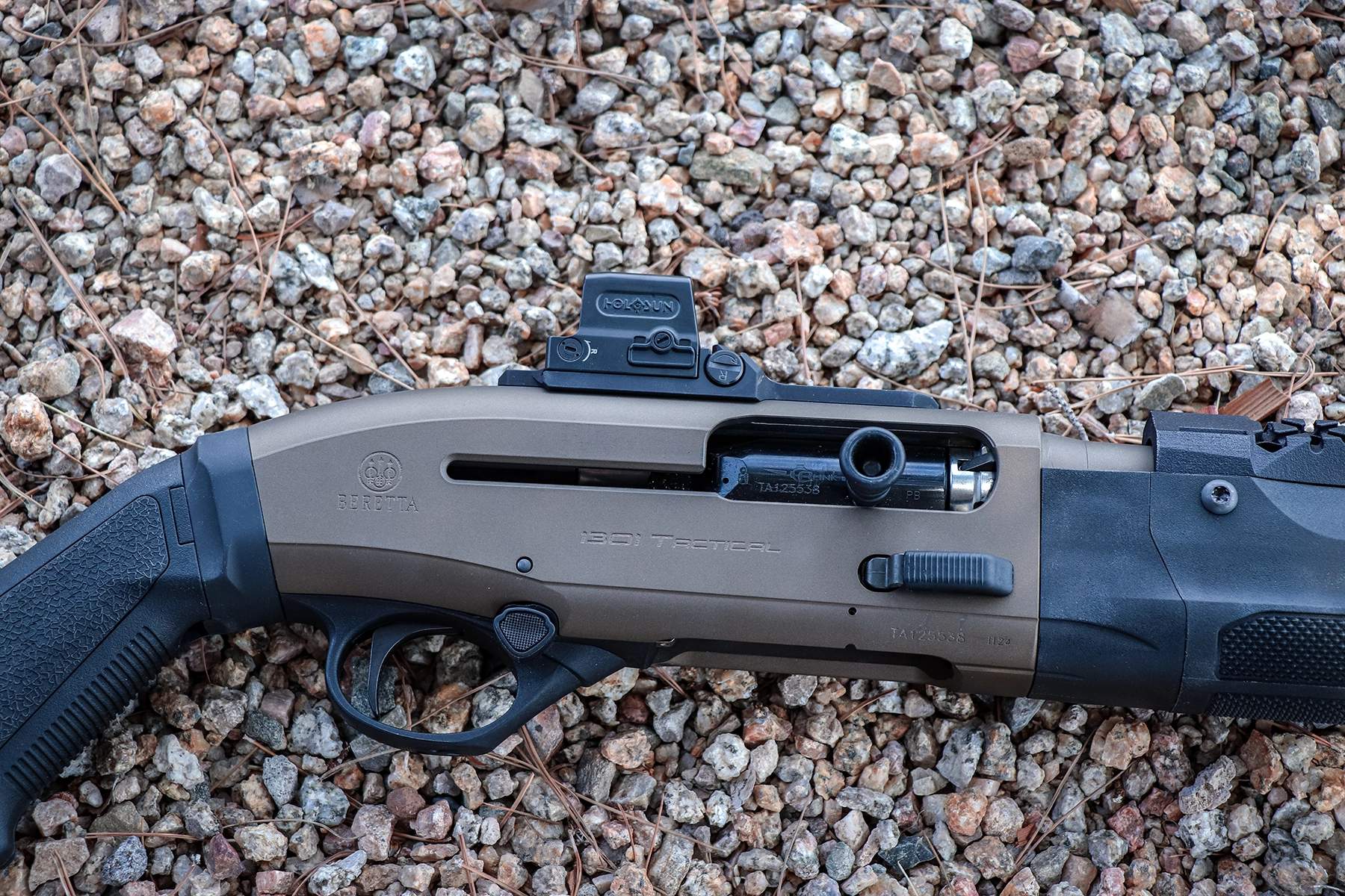 Langdon Tactical Beretta 1301 charging handle with Holosun red-dot optic